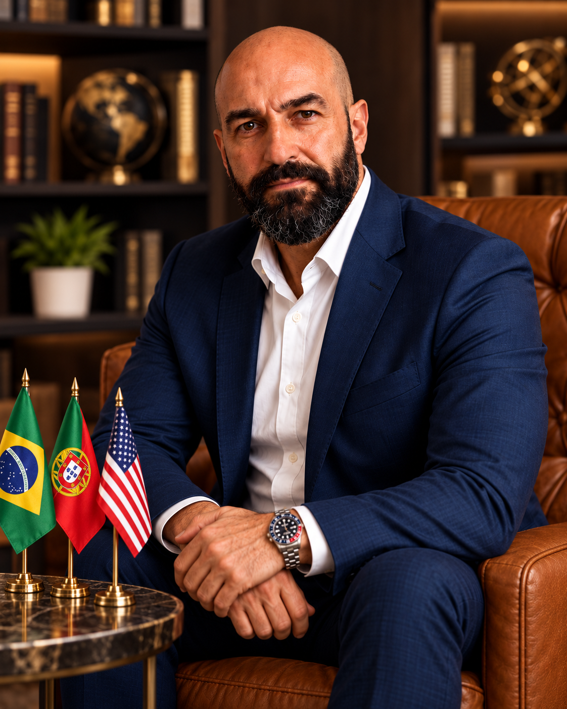 Dr. Bruno Quintais com bandeiras do Brasil, Portugal e Estados Unidos